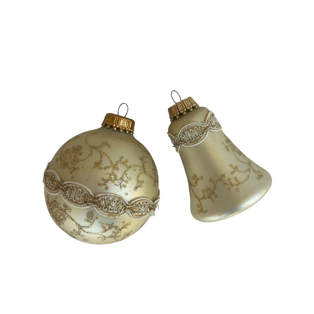 Vintage Christmas Krebs Glass 8 Glass Ornaments Hand Decorated Ivory Gold